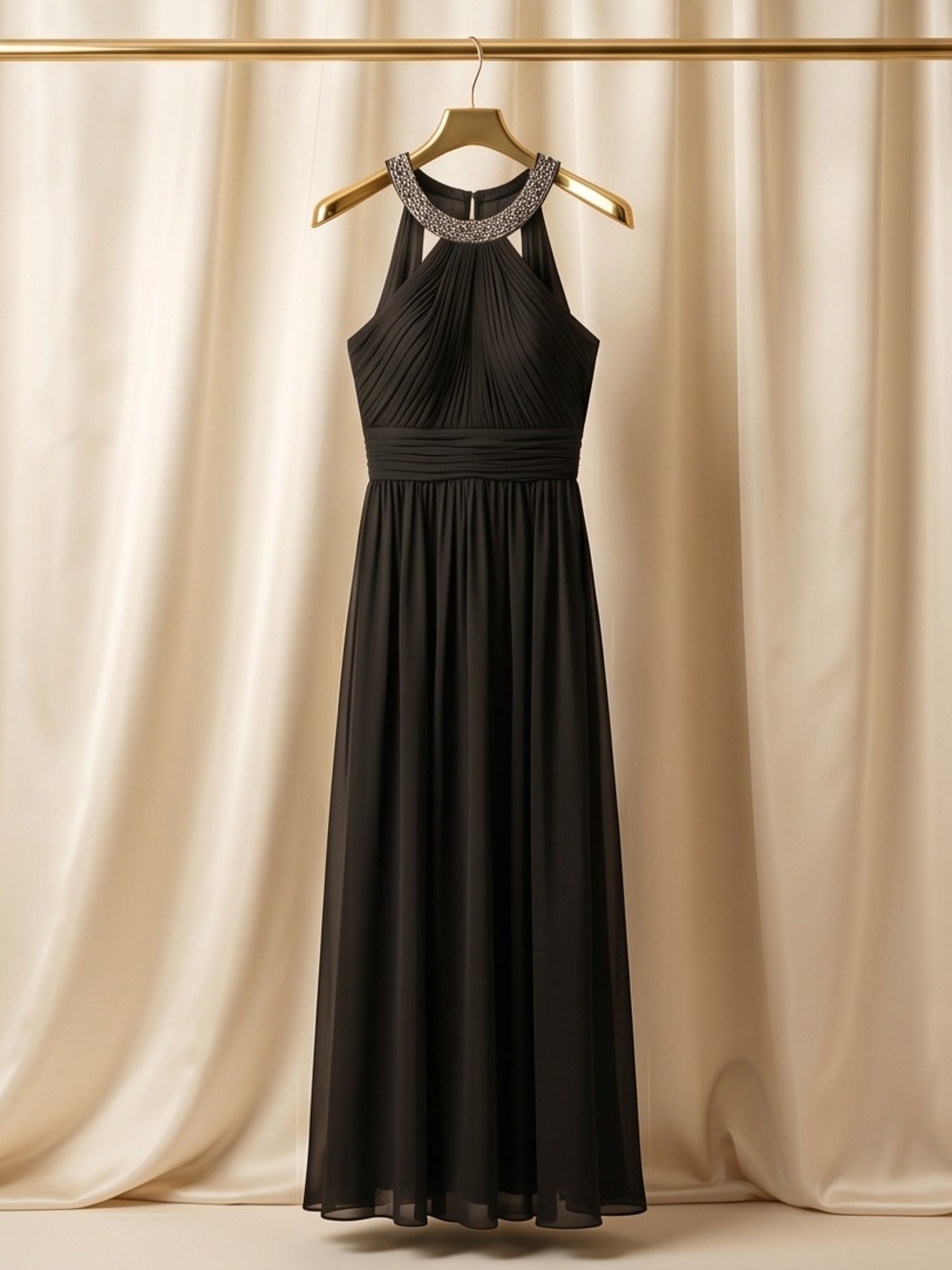 Elegant Black Evening Gown with Embellished Beaded Halter Neck